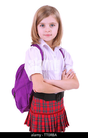 Belle petite fille avec sac à dos isolated on white Banque D'Images