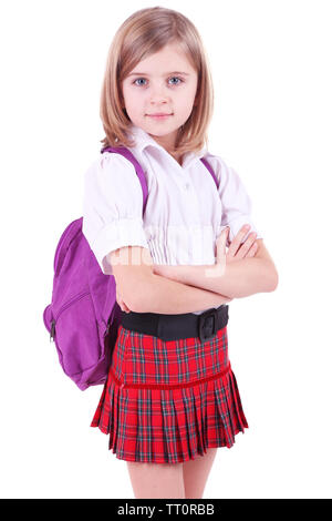 Belle petite fille avec sac à dos isolated on white Banque D'Images