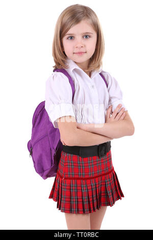 Belle petite fille avec sac à dos isolated on white Banque D'Images