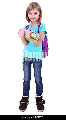 Belle petite fille avec sac à dos holding books isolated on white Banque D'Images