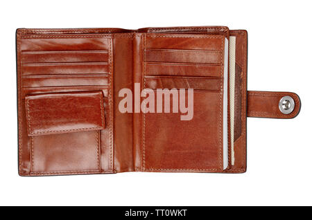 Portefeuille en cuir ouvert isolé sur fond blanc Banque D'Images
