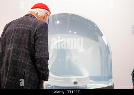 En référence à Marcel Duchamp, un pissoir a été placé à l'intérieur d'un globe de neige géant dans l'installation 'Reason (ou hiver) par l'artiste Berthan Huws, présenté par Gallerie Tschudi à la 49e foire artistique annuelle Art Basel à Bâle. Banque D'Images