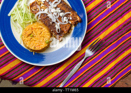 Enmoladas, Mexicaine enchiladas faits avec de la sauce mole, une cuisine traditionnelle du sud du Mexique États-Unis. Copier l'espace. Banque D'Images