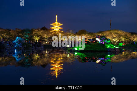 WUHAN HUBEI/-CHINE - 01 AVRIL 2019 -- Le paysage de nuit à Wuhan East Lake Sakura Garden. Ce temps est le sakura blossom saison. Pour un voyage autour de W Banque D'Images