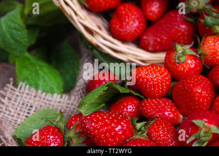 Les fraises sucrées mûrs dans panier en osier et de feuilles de menthe sur fond de bois Banque D'Images