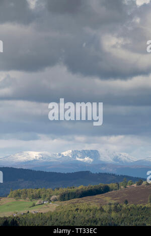 Une vue vers Lochnagar dans le Parc National de Cairngorms, avec une légère couche de neige un jour de printemps Banque D'Images