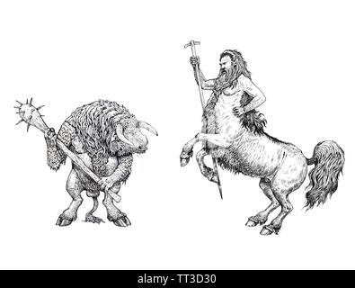 Centaurus et anatomie minotaure comparaison. Illustration de Monster. Fantasy dessin à l'encre. Banque D'Images