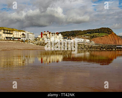Vue de la fin de l'Esplanade easten Sidmouth et falaise de grès. Cette falaise a régulièrement des éboulements qui réduisent la longueur des jardins sur le dessus. Banque D'Images