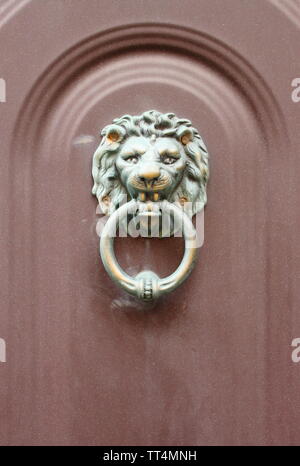 Tête de lion en bronze knocker sur une porte en bois Banque D'Images