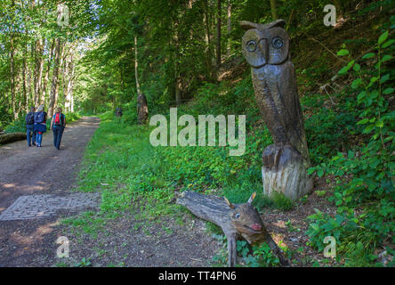 Chouette sculptée sur un tronc d'arbre, randonneur sur le sentier de la forêt des fantômes (allemand : Waldgeisterweg), Oberotterbach, Route des Vins allemande, Rhénanie-Palatinat, Allemagne Banque D'Images