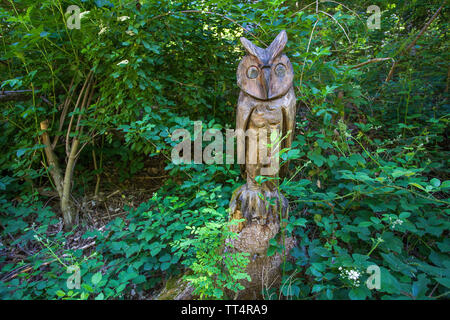 Chouette sculptée sur un tronc d'arbre, forêt des fantômes trail (allemand : Waldgeisterweg), Oberotterbach, Route des Vins allemande, Rhénanie-Palatinat, Allemagne Banque D'Images