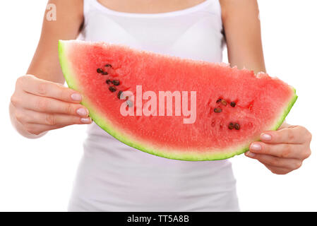 Femme tenant des tranches de melon d'isolated on white Banque D'Images