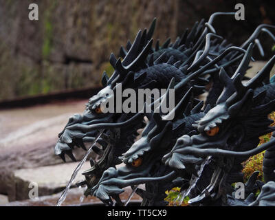 Dragon Fontaine à eau avec de nombreux chefs dans le sanctuaire de Hakone au Japon Banque D'Images