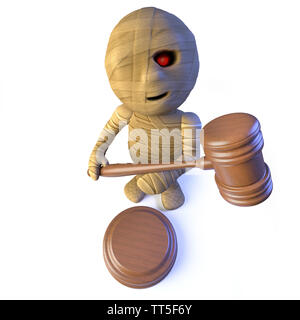 3D render of a funny cartoon character holding monster momie égyptienne d'une vente aux enchères gavel Banque D'Images