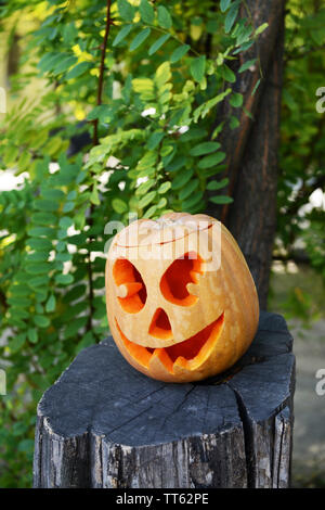 Maison de vacances de citrouille Halloween sur vieille souche d'arbre Banque D'Images