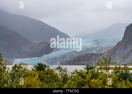 Mendenhall Glacier (Sitaantaagu), l'un des plus facilement accessible, les glaciers de l'Alaska est un glacier qui s'écoule de la Juneau Icefield. Banque D'Images