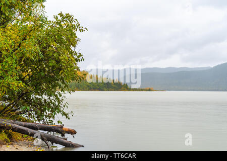 La rivière Mendenhall dans Juneau, Alaska, qui se réunit de moins en moins le Mendenhall Glacier, avec des montagnes en arrière-plan sur un jour d'automne pluvieux. Banque D'Images