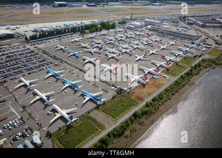 Juin 2019 : débordement d'Icelandair et de Boeing 737 Max Tui, à l'usine Boeing Field près de Seattle, sur le parking des employés, WA, États-Unis Banque D'Images