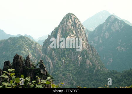 Vue sur les sommets des montagnes et les pics des montagnes Huangshan / Jaune en Chine après une randonnée jusqu'au sommet et de l'escalade des millions de marches et escaliers Banque D'Images