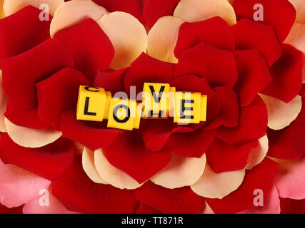 Lettres décoratives formant mot amour sur fond pétales de roses Banque D'Images
