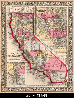 Carte des comtés de Californie montrant, publié pour la première fois vers 1863. A également insérer montrant la villes de l'Utah et de l'insérer et carte de la région de la baie de San Francisco. Banque D'Images