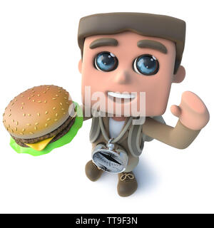 3D render of a funny cartoon aventurier explorateur tenant un fromage savoureux burger Banque D'Images