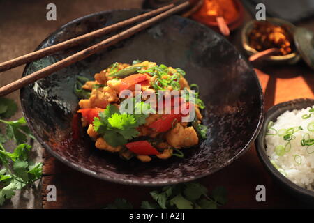 Sauté de poulet aux piments dans un style contemporain. Banque D'Images