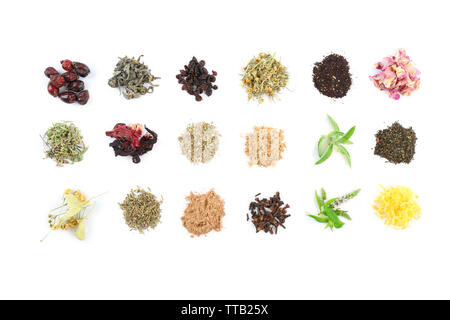 Divers types de thé de fines herbes et herbes isolated on white Banque D'Images