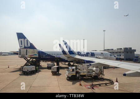 Le personnel au sol woking sur un Airbus A320 vol GoAir vus de stationnement parallèle IndiGo Airlines vol à l'Aéroport International Indira Gandhi, Delhi Banque D'Images