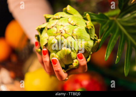 Cropped hand holding artichauts en face de cultures d'automne et d'hiver Banque D'Images