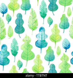 Motif transparent aquarelle avec des feuilles vertes sur fond blanc. Banque D'Images