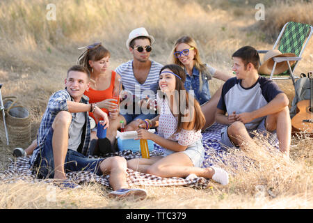 Happy friends s'amuser sur l'aire de pique-nique en plein air, Banque D'Images