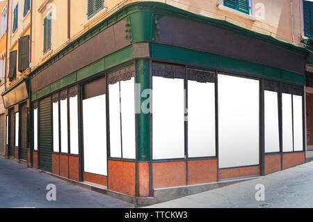 Boutique de style ancien en fer blanc personnalisable vert avec windows Banque D'Images