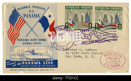 République du Panama - 9 mai 1939 : l'enveloppe historique : couvrir avec un cachet premier voyage SS Panama - New York, Cruise line, timbres, marques postales Banque D'Images