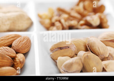 Les cerneaux de noix, amandes, pistaches, cacahuètes dans le rectangle en céramique plaque, close-up Banque D'Images
