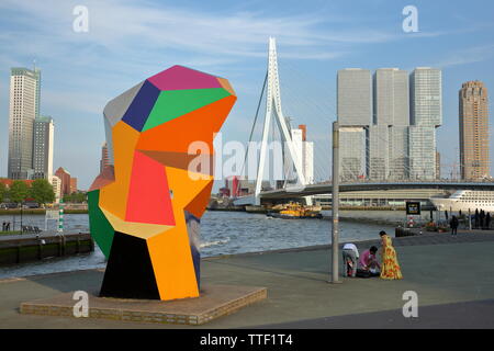 ROTTERDAM, Pays-Bas - 31 MAI 2019 : le pont Erasmus vu depuis la place Willemsplein, avec paysages colorés Banque D'Images