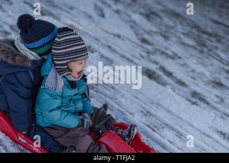 De frères et sœurs de la luge sur le terrain couvert de neige Banque D'Images