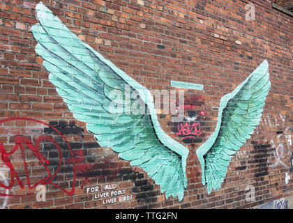 Les ailes des oiseaux du foie, street art on wall, Street, Liverpool, Angleterre, Royaume-Uni Banque D'Images