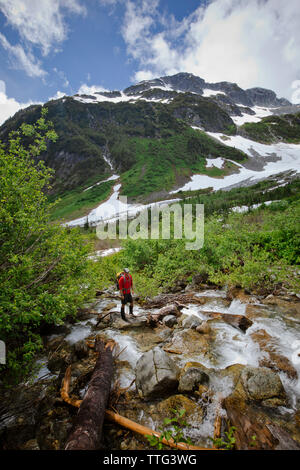 Hiker crossing River en route vers le pic de cyprès, C.-B. Banque D'Images