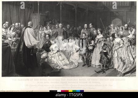 L'empereur Frédéric III de mariage avec Victoria, Princesse royale d'Angleterre, le 25.1.1858 dans la chapelle du St James' Palace à Londres, gravure (technique mixte) par Auguste Thomas Marie Blanchard basé sur une peinture de John Phillip, Additional-Rights Clearance-Info-Not-Available- Banque D'Images