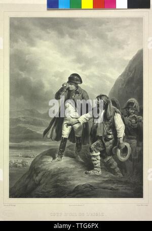 Napoléon Bonaparte, empereur des Français avec télescope, lithographie de Louis Marin-Lavigne basé sur une peinture par Hippolyte Bellange, Additional-Rights Clearance-Info-Not-Available- Banque D'Images