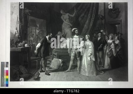 François I dans le studio Cellinis, François Ier, roi de France, dans l'entourage de sa maîtresse Anne de Pisseleu d'Heilly, duchesse d'Etampes, est reçu par Benvenuto Cellini dans son atelier, mezzotinte par René Rollet basé sur la peinture par Pierre-Charle Additional-Rights Clearance-Info-Comte,-Not-Available Banque D'Images