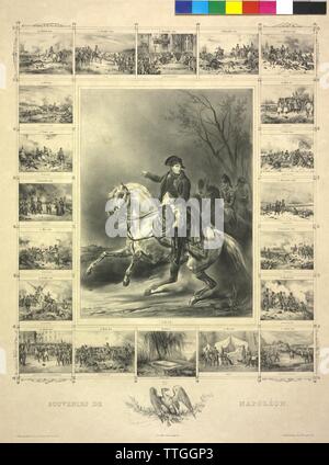 Napoléon Bonaparte, empereur des Français, de l'image équestre, entouré de 20 petites images avec l'épisode de la vie de l'empereur, lithographie par Lemercier D'après des dessins de Victor Vincent Adam et Louis, Additional-Rights Clearance-Info Marin-Lavigne--Not-Available Banque D'Images