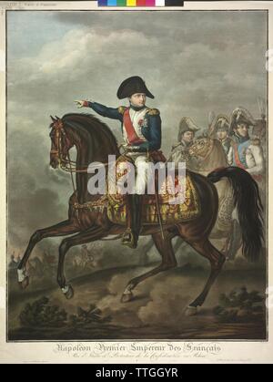 Napoléon Bonaparte, empereur des Français, à cheval, suivi par ses généraux. couleur (partiellement en couleur) par Charles François Gabriel Levachez basé sur un dessin de Carl Vernet, Additional-Rights Clearance-Info-Not-Available- Banque D'Images