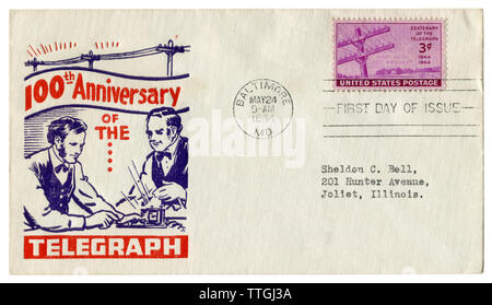 Baltimore, Maryland, USA - Le 24 mai 1944 : enveloppe historique : couvrir avec cachet 100e anniversaire de la télégraphie, 1844-1944, poteau d'électricité Banque D'Images