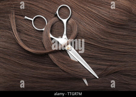 Ciseaux de coiffure avec des cheveux bruns foncés, Close up Banque D'Images