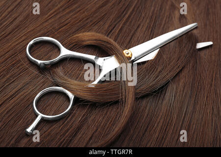 Ciseaux de coiffure avec des cheveux bruns foncés, Close up Banque D'Images