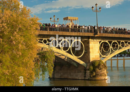 La Semaine Sainte. Confrérie de l'El du chien. Pont de Triana et le fleuve Guadalquivir. 'Paso' de la Virgen del Patrocinio. Séville. L'Andalousie. L'Espagne. L'Europe Banque D'Images