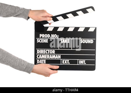 Female hands holding movie clapper isolated on white Banque D'Images