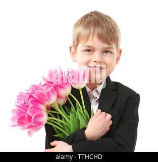 Écolier avec bouquet de magnifiques tulipes isolated on white Banque D'Images